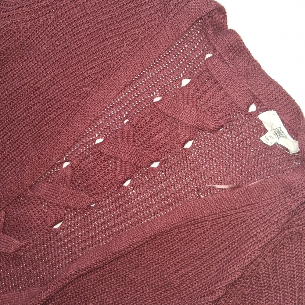 Pinque Burgundy Knit Cardigan Sweater Open Front Lace Up Back XS